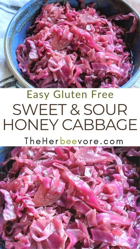 One of the best parts of beekeeping is harveting lots of fresh raw honey every year. I am always creating new honey recipes, and this sweet and sour cabbage was the perfect dish!  Made with shredded red cabbage, honey, apple juice, balsamic vinegar, and a few spices.  This cabbage dish will make it back to your table meal after meal! Sweet Sour Cabbage, Sweet And Sour Red Cabbage, Red Cabbage Apple, Raw Honey Recipes, Red Cabbage Recipe, Sweet And Sour Cabbage, Fiber Recipes, Sour Cabbage, Red Cabbage Recipes