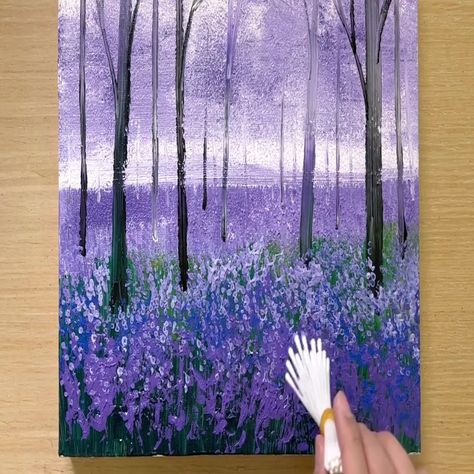 Lavender Flower Forest / Easy Acrylic Painting Technique | By MAY Art. Painting Lavender Flowers Acrylic, How To Paint Lavender, Lavender Oil Painting, Lavender Art Painting, Mother's Day Painting Ideas Canvases, Lavender Flower Painting, Lavender Painting, May Art, Bad Painting