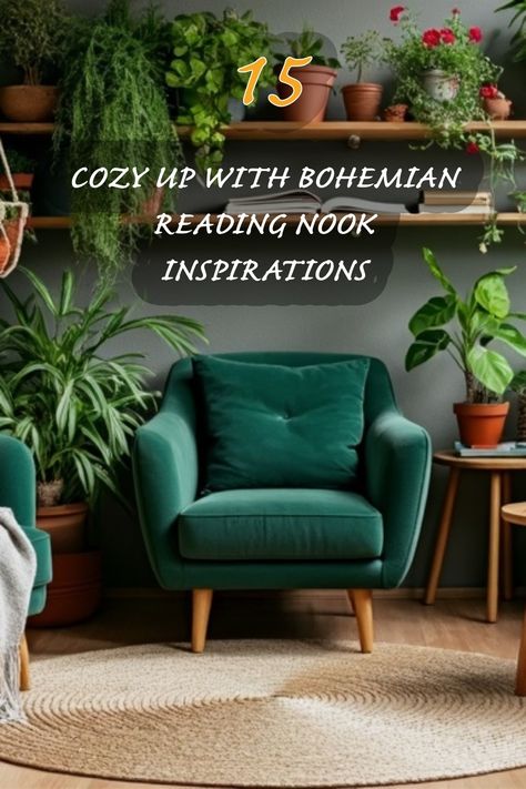 I absolutely adore creating a cozy reading nook, and this bohemian-inspired setup is one of my favorites! The blend of lush plants, a vibrant green armchair, and natural textures makes for the perfect spot to curl up with a good book. Explore these 15 unique designs to bring a touch of bohemian charm into your own home! Armchairs Living Room Small Spaces, Chair Nook In Bedroom, Plant Reading Corner, Reading Nook With Plants, Comfy Accent Chairs For Living Room, Cozy Chair Corner, Reading Nook In Living Room, Tiny Reading Nook, Comfy Reading Nook