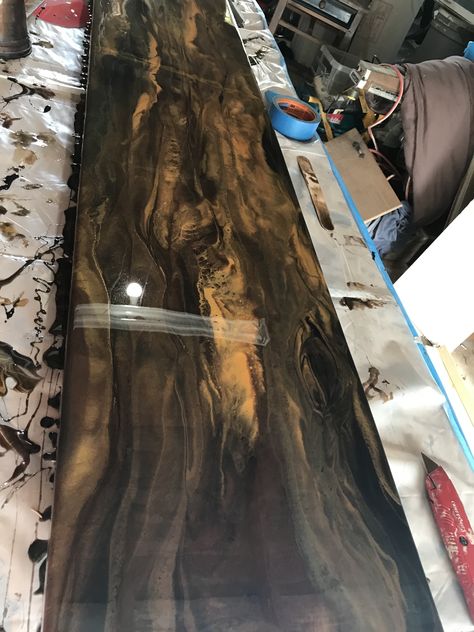 Epoxy countertop Metallic Epoxy Countertop, Black And Brown Epoxy Countertops, Rustic Epoxy Countertop, Dark Epoxy Countertop, Brown Epoxy Countertop, Black Epoxy Countertop, Epoxy Bar Top Ideas, Countertops Epoxy, Wood Stamped Concrete