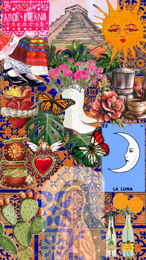 #art #wallpaper #vibes #mexico #mexicanculture #mexicoaesthetic #lavirgencita #virgendeguadalupe #butterfly Mexican Folk Art Decor, Mexico Wallpaper, Mexican Artwork, Catholic Wallpaper, Wallpaper Vibes, Mexican Culture Art, Collage Art Projects, Spanish Art, Cute Canvas Paintings