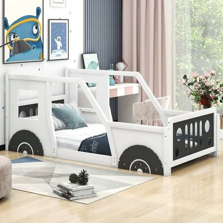 Bedtime just got more fun with this kids car-themed bed! Your mini driver will enjoy the realistic look and space to spread out in their own twin-sized bed. This cool bed frame features tires, rims, and decals that look just like a real car. Any automotive fan will be excited to fall asleep in this bed after tons of playtime pretending to be a real driver! Having blue and white for you to choose, suit for any room decorations. Pattern: solid. House Bed Boys Room, Car Toddler Room, Cool Bed Frames, Boy Car Room, Toddler Car Bed, Kids Car Bed, Toddler Bed Boy, Bed For Kids, Toddler Boy Room Decor