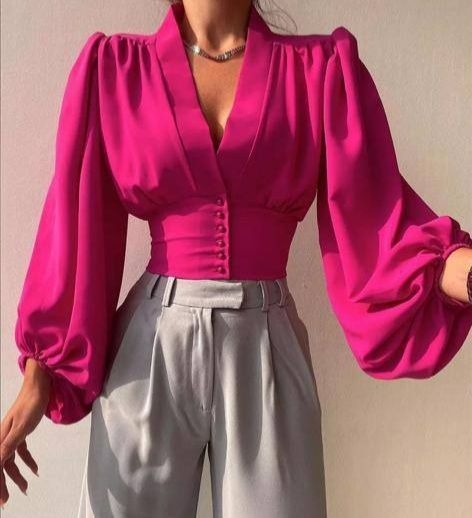 Fuchsia Blouse Outfit, Classy Tops For Women Blouses, Fuchsia Outfit, Classy Blouses, Best Blouse Designs, Woman Blouse, Corset Blouse, Lantern Sleeve Top, Lantern Sleeved Blouses