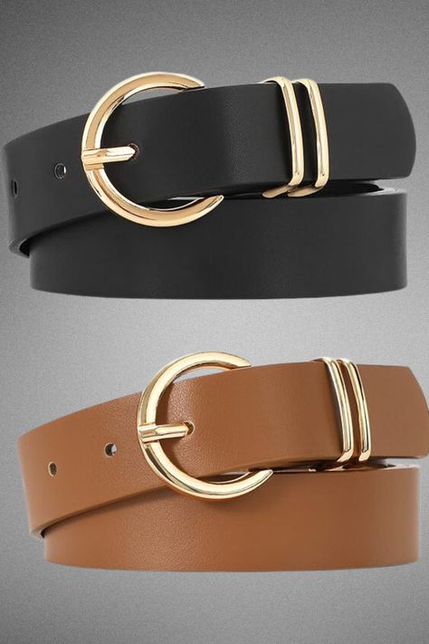 This sleek and versatile belt set features classic black and tan options, each accented with a modern gold buckle. Designed for both casual and formal wear, these belts add a touch of elegance to any outfit. The high-quality material ensures durability, while the minimalist design makes them perfect for any wardrobe.  #Fashion #Trendy #Style #Women #Chic Trendy Belts, Wardrobe Fashion, Women's Belt, Trendy Style, Chic Accessories, Style Women, Belts For Women, Black And Tan, Formal Wear