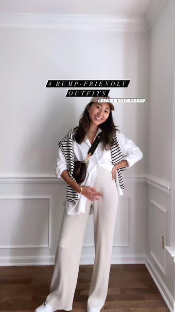 White Maternity Overalls Outfit, Shirt Pregnant Outfit, Casual Chic Pregnant Outfit, Knit Pants Work Outfit, T Shirt Maternity Outfit, Maternity Knit Pants, Maternity Button Down Shirt, Transitional Maternity Outfits, Pregnant Pants Outfit