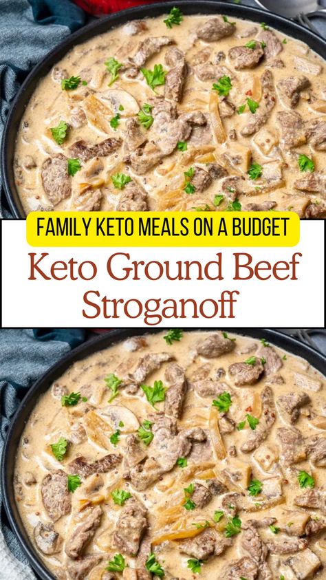 Try Keto Beef Stroganoff! A budget-friendly low carb dish features tender ground beef, mushrooms, and a sauce,  perfectly suited for a keto diet, family dinners, and is low in carbs but high in flavor. Serve it over cauliflower rice or zucchini noodles for a complete and satisfying meal! Keto Friendly Dinners Easy,  Keto Hamburger Stroganoff, Keto Hamburger Meat Recipes Crock Pot, Easy Keto Dinner Ground Beef, Quick Low Carb Ground Beef Recipes, Keto Friendly Ground Beef Recipes, Keto Hamburger Stroganoff, Keto Ground Beef Recipes Slow Cooker, Recipes With Ground Beef Low Carb, Recipes With Ground Beef Keto, Keto Dinner Recipes Hamburger Meat, Low Carb Roast Beef Recipes, Budget Friendly Low Carb Meals, Keto Beef Stroganoff Ground Beef, Low Carb Dinner Recipes Ground Beef