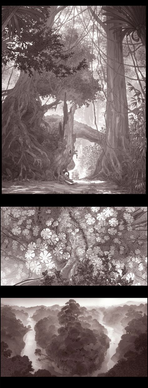 Some designs from Matthias Lechner.  http://www.matthiaslechner.com/ Matthias Lechner, Environment Sketch, House Cartoon, Bg Design, Landscape Concept, Fantasy Forest, Fantasy Paintings, Scene Design, Forest Art