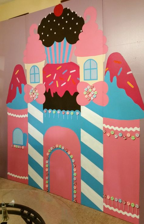 Size: 8 feet tall x 12 feet wide. Hand painted on four connnectable and easy to carry boards. Colors are bright, bold and vivid. Created for Candyland Themed Quinceanero Quinceanera Sweet 15 .........................  candyland castle, Background, Backdrop, Hand Painted, Prop. Candyland Themed Hallway, Candyland House Decorations, Candy Castle Decorations, Candyland Wall Decorations, Candyland School Dance, Candyland Photo Backdrop, Candyland Room Transformation, Candy Castle Candyland, Candyland Door Decorations