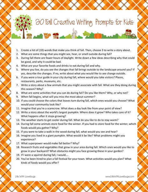 20 Fall Writing Prompts for Kids - Life With Lovebugs Storytelling Prompts, Fall Writing Prompts, November Writing Prompts, Fall Writing Activities, October Writing Prompts, Thanksgiving Writing Prompts, October Writing, Creative Writing Worksheets, Preschool Journals