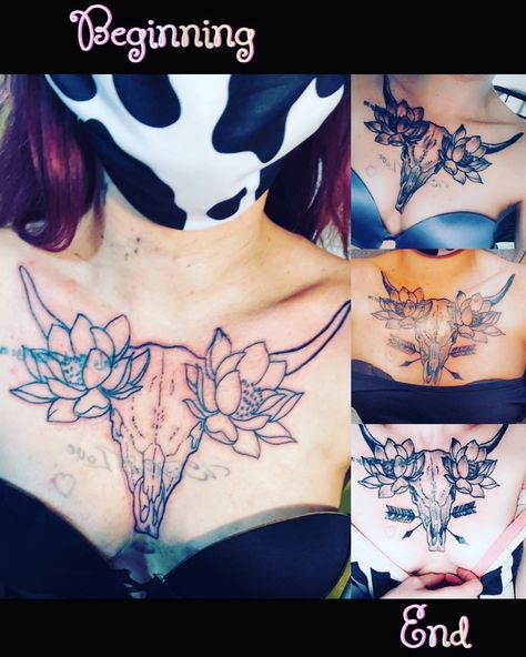 Love my chest tattoo the bull(skull) is for my sign (taurus) Bull Head Chest Tattoo, Bull Skull Chest Tattoo Female, Taurus Chest Tattoo, Bull Skull Tattoo, Bull Skull Tattoos, Bull Skull, Chest Piece, The Bull, Bull Skulls