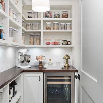 75 Beautiful Kitchen Pantry Pictures & Ideas - March, 2021 | Houzz Pantry With Wine Cooler, Beverage Cooler In Pantry, Pantry With Drink Fridge, Pantry With Mini Fridge, Butchers Pantry, Pantry With Appliance Counter, Pantry With Wine Fridge, Narrow Walk In Pantry, Walk In Pantry Ideas