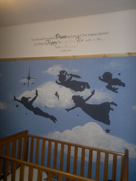 Archie's nearly finished Peter Pan painted Nursery room with wall quote! My favorite room in the house! - lets hope he never grows up too! Peter Pan Bedroom, Painted Nursery, Neverland Nursery, Peter Pan Nursery, Disney House, Drawing Disney, Casa Disney, Disney Room, Ideas For Drawing