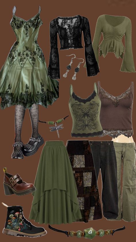 goblincore- femme version #goblincore #goblincoreaesthetic #fairygrunge #fairygrungecore #fashion #femmefashion Hippy Witch Outfits, Druidcore Aesthetic, Fall Fairycore Outfits, Fairygrunge Clothes, Fairycore Lookbook, Swamp Witch Aesthetic Fashion, Whimsical Fairycore Outfit, Fairy Core Outfits Aesthetic, Cottagecore Grunge Outfits