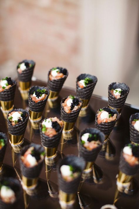 Mini Waffle Cones, Catering Hors D’oeuvres, Wedding Passed Hors D’oeuvres, Classy Hors D’oeuvres, Canapes Photography, Japanese Food Presentation, Seafood Hors D’oeuvres, Hors Doeuvres Party, Wedding Hors D'oeuvres