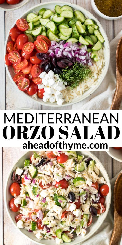 Quick and easy Mediterranean orzo pasta salad packed with fresh vegetables and herbs is tossed in a Greek lemon vinaigrette. It's healthy, light and delicious. | aheadofthyme.com #orzosalad #orzo #orzopasta #mediterraneansalad #greeksalad #greekorzo Mediterranean Orzo Pasta, Mediterranean Orzo Pasta Salad, Mediterranean Orzo, Greek Orzo Salad, Orzo Salad Recipes, Homemade Tzatziki Sauce, Orzo Pasta Salad, Homemade Tzatziki, Easy Mediterranean Diet Recipes