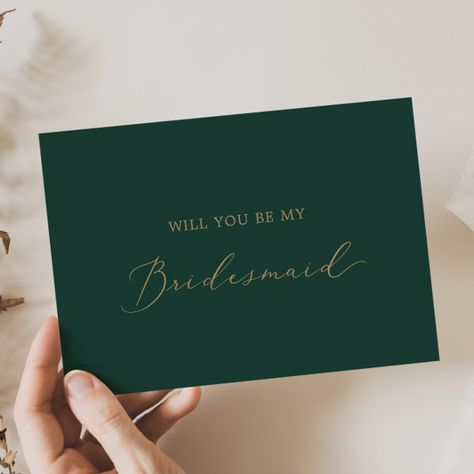 Delicate Gold and Green Bridesmaid Proposal Card Emerald Green Bridesmaid Proposal Boxes, Bridesmaid Proposal Emerald Green, Bridesmaid Proposal Green, Dark Forest Mountain, Emerald Green And Champagne Wedding, Green Bridesmaid Proposal, Whimsical Bridesmaid, Fall Calligraphy, Bridesmaid Request