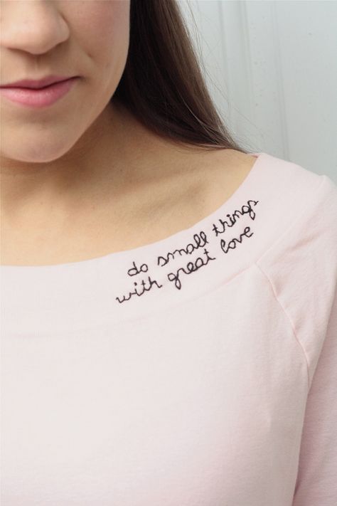 Hello lovely friends!  Years ago I saw a picture with a shirt embroidered with this quote and ever since I’ve wanted to make one.  I should have done this embroidery a long time ago because it was so easy!  So today I’m going to quickly walk you through the steps.  I think there’s something delightful … Diy Embroidery Shirt, Embroidery Shirt, Embroidery Tshirt, Basic Embroidery Stitches, Shirt Embroidery, Hand Embroidery Stitches, Embroidered Clothes, Embroidery For Beginners, Hand Embroidery Patterns