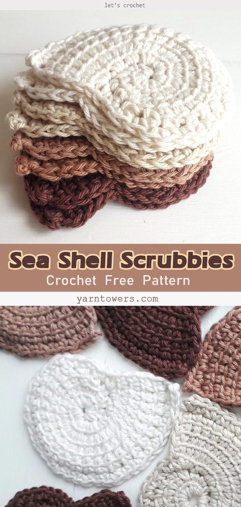 Sea Shell Scrubbies Crochet Free Pattern Crochet Seashell Applique, Nautical Crochet, Crochet Shell Pattern, Make A Tassel, Scrubbies Crochet, Scrap Yarn Crochet, Crochet Scrubbies, Crochet Coasters Free Pattern, Seashells Patterns