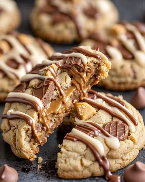 Indulge in these irresistible Reese's Peanut Butter Cheesecake Cookies! Creamy, nutty, and bursting with chocolatey goodness. Perfect for dessert lovers! #PeanutButter #CheesecakeCookies #Reeses #DessertRecipe #ChocolateLovers Pb Cookies With Reeses, Peanut Butter Snickers Cookies, Reeces Cookie, Reese’s Recipes, Reese’s Peanut Butter Cookies Recipe, Reese’s Cookies, Reese's Peanut Butter Cheesecake, Crumbl Cookie Recipe, Reese's Pieces Cookies