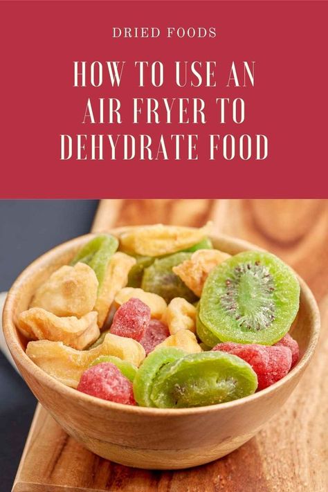 How to dehydrate in air fryer. Use your air fryer oven to make air fryer dehydrated fruit like bananas, apples, strawberries, and more. You can also air fryer dehydrate herbs and marshmallows. Air fryer dehydrated food can last a few months, and it tastes great. You don't need to buy a separate appliance. Just learn how to dehydrate fruit in air fryer for delicious dried fruits and vegetables. Dehydrate In Air Fryer, Dehydrating In Air Fryer, Dehydrate Herbs, Foods To Dehydrate, Dehydrator Recipes Fruit, Dried Fruit Recipe, Dehydrated Strawberries, Dehydrated Apples, Fruit Chip