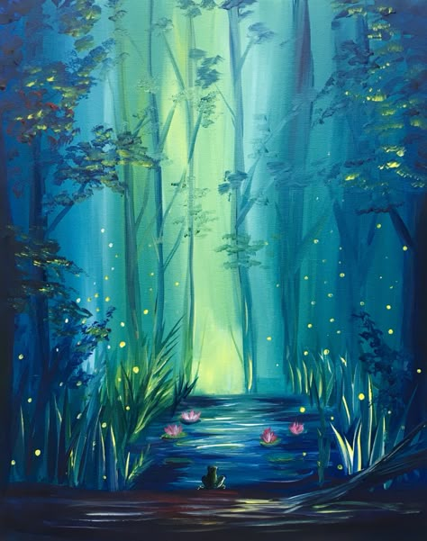 Glowing Forest Glowing Forest, Simple Oil Painting, Easy Landscape Paintings, Paintings Easy, Wine And Canvas, Paint Nite, Oil Painting Techniques, Forest Painting, Simple Acrylic Paintings