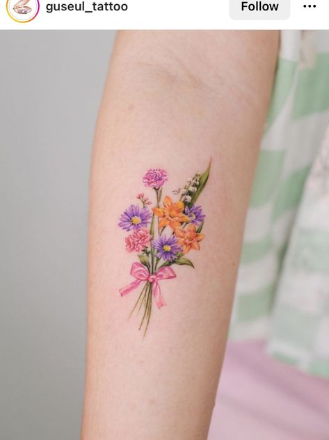 Birth Flower Tattoos Bouquet Color, Colorful Flower Bouquet Tattoo, Color Birth Flower Tattoo, Birth Flower Tattoos Ideas Families Forearm, Birth Flower Tattoo Color, Color Forearm Tattoo, Flower Bouquet Tattoo Color, Gladiolus Poppy, Birth Flower Tattoos Placement