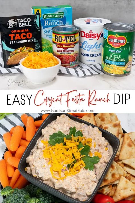 Copycat Homemade Hidden Valley Fiesta Ranch Dip | ©GarrisonStreetEats | Hidden Valley | Fiesta | Ranch | Dip | Recipe | Copycat | Mix | Copycat Hidden Valley | Recipes Using | Sour Cream | Rotel | Corn | Easy | Recipe Copycat | Dip Mix Recipes | Corn Dip | Dip Recipes | Dairy | Vegetables | Parties | Cold | Mexican | Healthy | Chip | Super Bowl | 4th of July | Party Food | Best | Chip Dip Recipes | Dip Ideas for Party | Vegetarian | No meat | Simple | Easy Dips to Make | Party Snacks Everything Ranch Dip, Fiesta Ranch Corn Dip, Restraunt Ranch Recipes, Best Corn Dip Recipe, Hidden Valley Fiesta Ranch Dip Recipe, Dip Ideas For Party, Easy Chip Dip Recipes, Fiesta Ranch Dip Recipe, Dip Mix Recipes