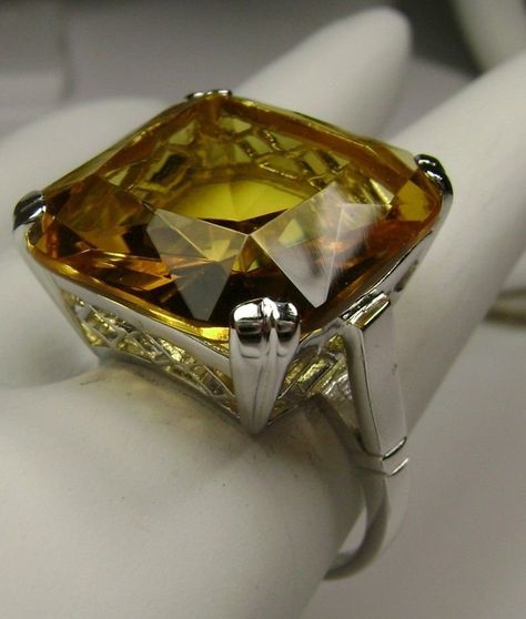 Yellow Citrine Ring/ Sterling Silver/ 20ct Huge Square Cut Simulated Yellow Citrine, Vintage Art Deco Revival Jewelry[Custom Made]Design#1 Yellow Citrine Ring, Geometric Vintage, Filigree Jewelry, Yellow Citrine, Citrine Ring, Sterling Silver Filigree, Silver Work, Citrine Gemstone, Square Cut