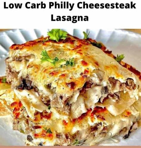 Low Carb Philly Cheesesteak Lasagna - Kizios Recipes Philly Cheese Steak Lasagna Recipe, Philly Cheesesteak Lasagna, Low Carb Steak Recipes, Low Carb Cheesesteak, Keto Philly Cheesesteak Lasagna, Low Carb Taco Lasagna, Low Carb Philly Cheesesteak Casserole, Low Carb Philly Cheesesteak Lasagna, Keto Philly Cheesesteak Casserole