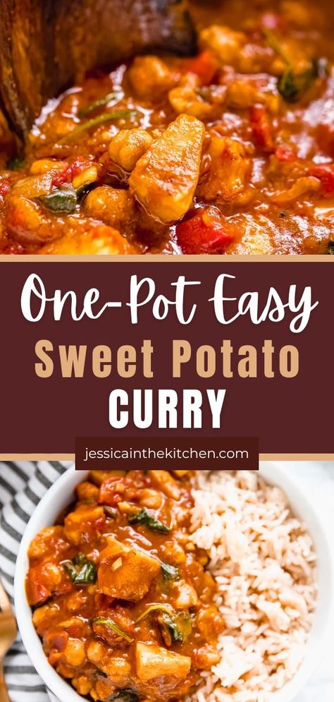 You know I love a good curry and it seemed about time to add a Sweet Potato Curry to the repertoire. It’s been an idea that I’ve had for a while now, so the anticipation was definitely building.One of my top tips for making this Sweet Potato Curry is to ensure all your sweet potato pieces are the same. I like to cut them into 1-inch pieces, that way they cook evenly and aren’t too big (not bite-size) and aren’t too small (so they don’t become mushy). I also wanted the onions to be pretty small. Sweet Potato Spinach Curry, Jamie Oliver Sweet Potato Curry, Slow Cooker Recipes Sweet Potato, Sweet Potato And Spinach Curry, Sweet Potato And Tomato Recipes, Indian Sweet Potato Curry, Stew Sweet Potato, 1 Sweet Potato Recipe, Chickpea And Sweet Potato Curry