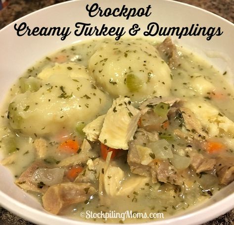 Crockpot Creamy Turkey & Dumplings recipe is a great way to use leftover turkey from Thanksgiving! Turkey Dumpling Soup Crockpot, Leftover Turkey Recipes Easy Soup Crockpot, Turkey Soup From Carcass Recipes Crock Pot, Leftover Turkey Noodle Soup Crockpot, Turkey Dumpling Soup, Turkey Dumplings, Dumplings Crockpot, Soup Recipe Healthy, Turkey Crockpot Recipes