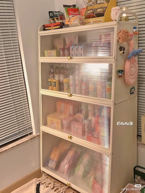 Food Storage In Bedroom, Snack Room Aesthetic, Snack Shelf In Bedroom, Snack Room Ideas, Snack Area In Bedroom, Bedroom Snack Station, Cute Storage Ideas, Desain Pantry, Future Apartment Decor