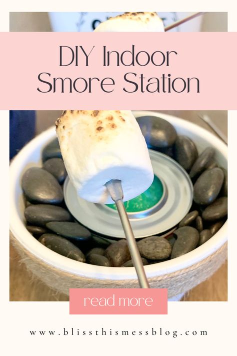 Diy Smore Station, Take Home Smores Kit, Diy Indoor Smores Fire Pits, Indoor Smores Fire, Indoor Marshmallow Roasting, Smores Centerpiece Ideas, Roasting Marshmallows Indoors, How To Make S’mores Inside, Marshmallow Roasting Station