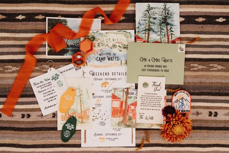 Summer Camp Inspired Wedding Florals Camp Wedding Invitations, Camp Wedding Theme, Summer Camp Wedding Theme, Summer Camp Wedding Invitations, Campy Wedding, Wes Anderson Wedding Inspiration, Camp Wedding Ideas, Camping Themed Wedding, Camping Wedding Theme