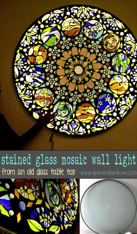 Make Stained Glass Mosaic Wall Light Stained Glass Mosaic Diy, Ceiling Lampshade, Glass Patio, Diy Staining, Glass Table Top, Mosaic Stained, Making Stained Glass, Diy Upcycle, Mosaic Table