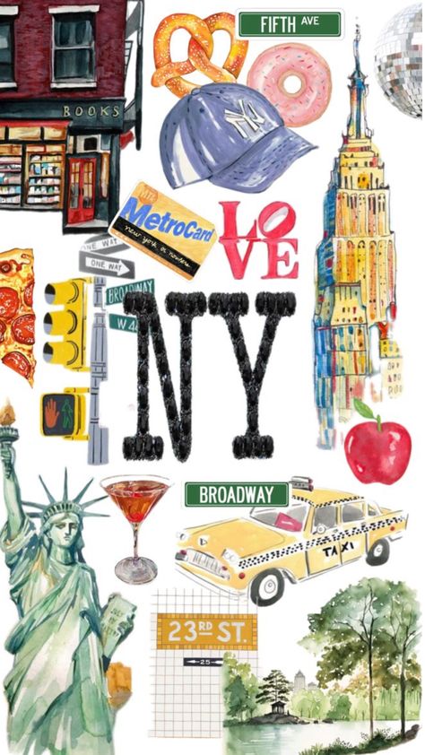 College Wallpaper Aesthetic, New York Scrapbook, New York City Collage, Pizza Donut, Nyc Aesthetic Wallpaper, New York Collage, New York City Wallpaper, New York Card, New York Statue Of Liberty