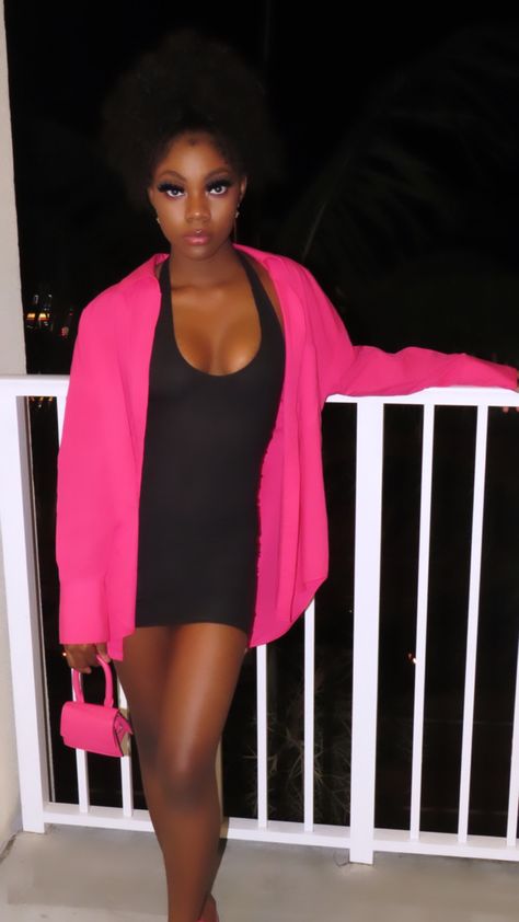 Black Dress And White Button Up, Black Dress With Button Down Shirt, Pink Button Up Shirt Outfit, Black One Piece Dress, Pink Jacket Outfit, Pink Button Up Shirt, Black Silk Shirt, Silk Shirt Dress, Barbie Style