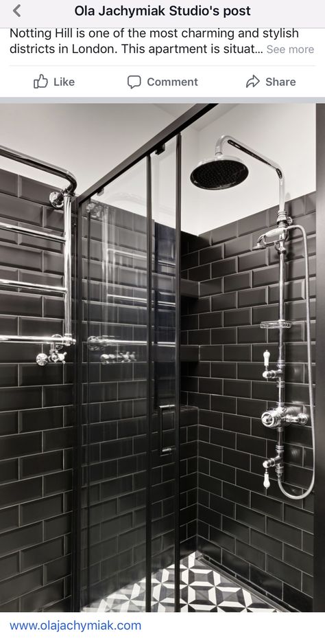 Black Metro Tiles Bathroom, Metro Tiles Bathroom, Black Bathroom Taps, Boutique Bathroom, Black Wall Tiles, Black And White Bathroom, Black White Bathrooms, Tile Layout, White Bathroom Tiles