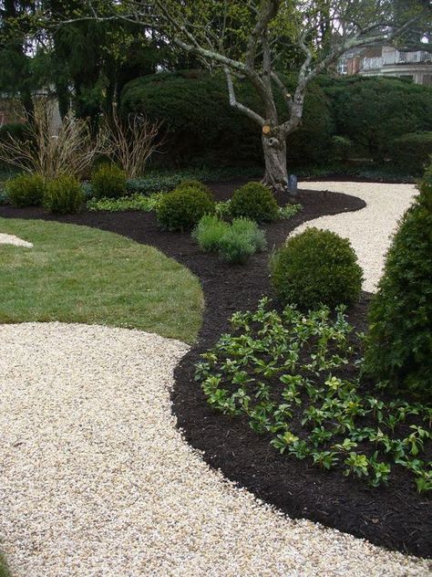 black mulch, crushed rock: Landscaping Cheap, Cheap Landscaping, Cheap Landscaping Ideas, Mulch Landscaping, Gravel Landscaping, Stone Landscaping, Sprinklers, Home Landscaping, Front Yard Garden