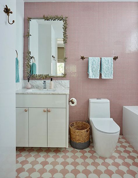 Bathroom Tile Floor, White Ceiling Paint, Gold Leaf Mirror, Transitional Home Office, Pink Grid, Leaf Mirror, Patterned Tiles, Scallop Pattern, Scandinavian Style Home