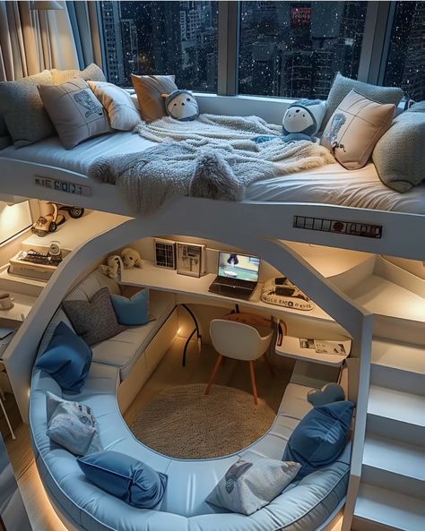 Cute House Ideas Interior, Luxury Dorm Room Interior Design, Dream Room Design, Aesthetic Bunk Bed Rooms, Unique Bedroom Design Awesome, Awesome Bedrooms Dream Rooms, Room Organization Bedroom Ideas, House Design Interior Bedrooms, Cute Room Ideas For Small Rooms Bedrooms