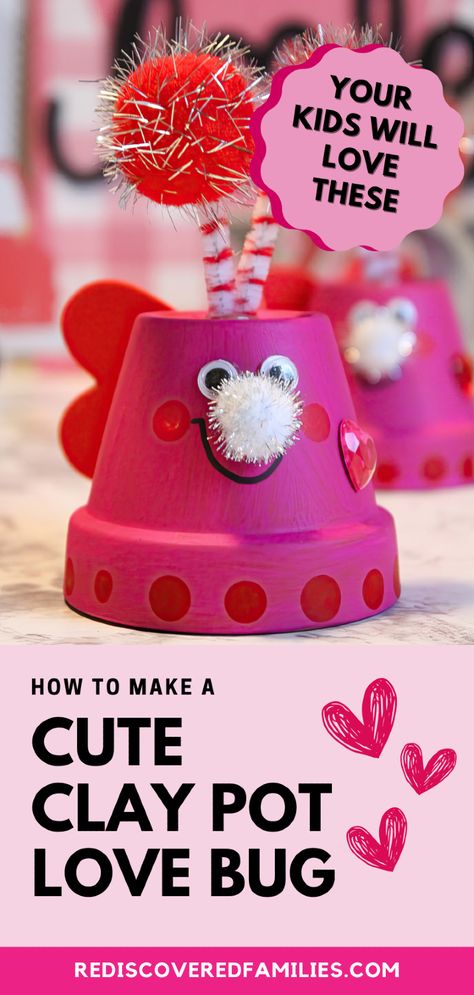 Learn how to make a clay pot. Lovebug Valentine's craft with your kids. This fun love bugs craft makes a February craft for older kids aged 8-10. With just a few supplies, you'll have an adorable Valentine's craft ready quickly. Check out rediscoveredfamilies.com for full instructions, and save this pin for a quick Valentine's go-to! Valentines Crafts For Classroom, Valentine’s Day Crafts For 1st Grade, Easy February Crafts, Valentine Handprint Crafts, February Crafts For Adults, February Crafts For Kids, Valentine Activities For Kids, Valentines Diy Crafts, Valentine Science