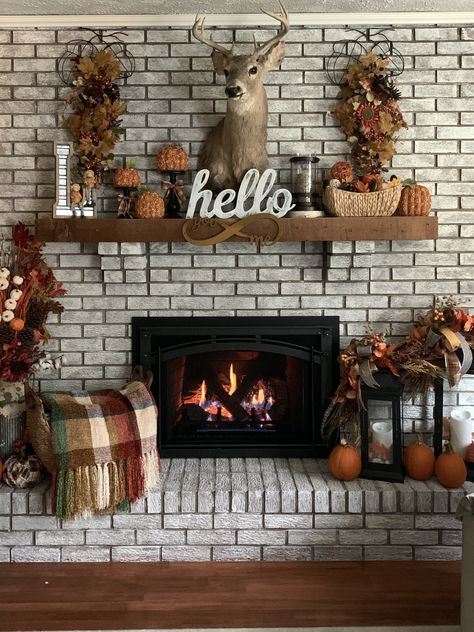 My Fall fireplace 2019 Deer Heads Living Room, Fall Fireplace Mantel Decor, Deer Mount Decor, Fall Fireplace Mantel, Deer Head Decor, Farmhouse Mantle Decor, Farmhouse Fireplace Decor, Fall Fireplace Decor, Deer Heads