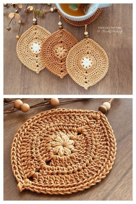 Fall Crochet Projects Free, Crochet Luxury, Crochet Flower Coaster, Crochet Cup Coaster, Leaves Crochet, Crochet Autumn, Coaster Projects, Coaster Crochet, Crochet Placemat Patterns