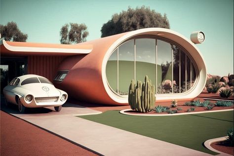 Retro Futurism Interior, Space Age Interior, Retro Futuristic Interior, Vintage Futurism, Futuristic House, Retro Interior Design, Futuristic Home, Mid Century Architecture, Futuristic Interior