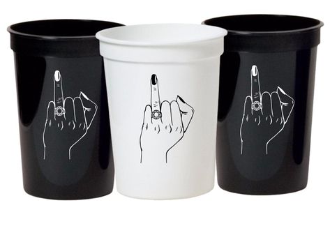 Celebrate the future bride at her bachelorette party with these cute middle finger bachelorette party cups! Each set comes with 12 cups including a special white cup for the bride-to-be. Product Details Package of 12 cups includes 1 white, 11 black Holds16OZ of liquid BPA-free plastic cups Disposable or reusable dishwasher safe Cups measure 4.5" tall and 3.5" in diameter Summer Bachelorette Party Themes, Black Bachelorette Party, Bachelorette Party Items, Summer Bachelorette Party, White Bachelorette, Gold Bachelorette, Bachelorette Party Cups, Bridesmaid Pajama Set, Bachelorette Party Weekend