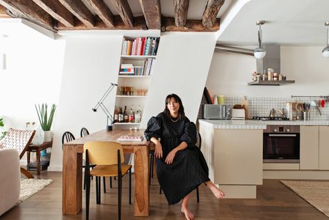 Eclectic Parisian, Eames Rocking Chair, Loft Style Apartments, Monochrome Bathroom, Photoshoot At Home, Wooden Beams Ceiling, Bamboo Architecture, Wooden Ceiling, Pink Tiles