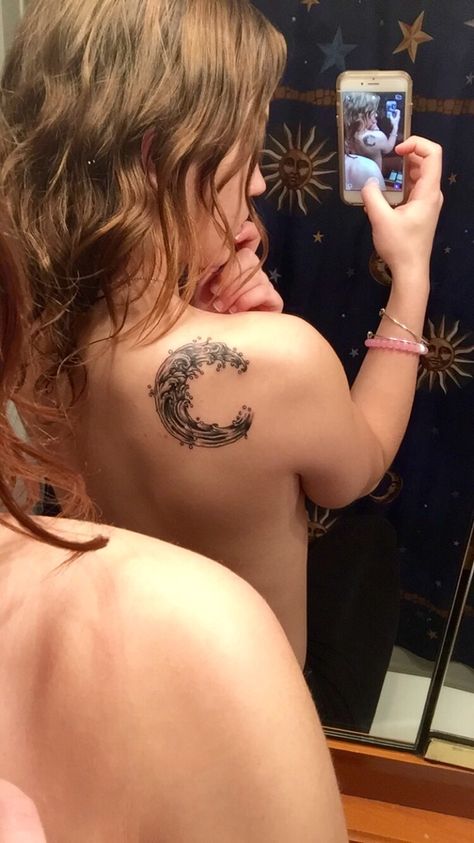 Crescent moon and crashing wave tattoo, black and white Wave Tattoo Black And White, Wave Tattoo Black, Moon River Tattoo, River Tattoo, Tattoo Black And White, Heart Wave, Crescent Moon Tattoo, Wave Tattoo, Water Tattoo