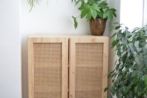 Learn how to take a basic wooden IKEA Ivar unit and transform it step-by-step into an expensive-looking faux cane cabinet by simply removing a panel from the doors to customize it . Ikea Ivar Cabinet, Eco Furniture, Rattan Sideboard, Ikea Ivar, Caned Headboard, Cane Furniture, Ikea Furniture Hacks, Furniture Logo, Diy Ikea