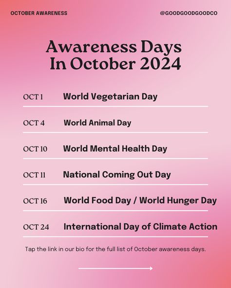 Every month, hundreds of national and international celebrations are dedicated to raising awareness and support for meaningful causes.⁠ ⁠ Keeping track of the next relevant awareness event can be challenging.⁠ We’re here to help!⁠ ⁠ 👉🏼 Tap the link in our bio to read our extensive list of causes, events, and additional opportunities to learn more about each topic.⁠ ⁠ #October #OptimismYourFeed #AwarenessDay World Vegetarian Day, World Hunger, Mental Health Day, Pet Day, Climate Action, International Day, Animals Of The World, Every Month, To Read